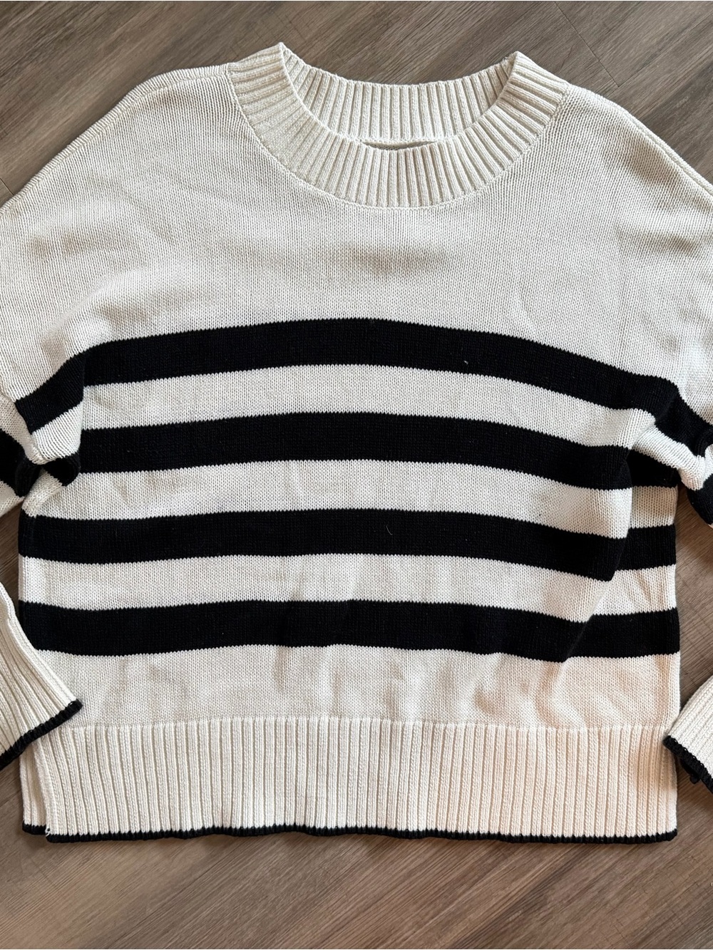 SO Black and Cream Striped Crewneck Sweater